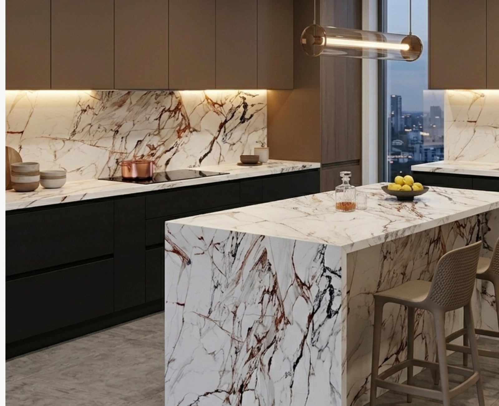 Cocina en melamina oscura con encimera e isla de piedra sinterizada